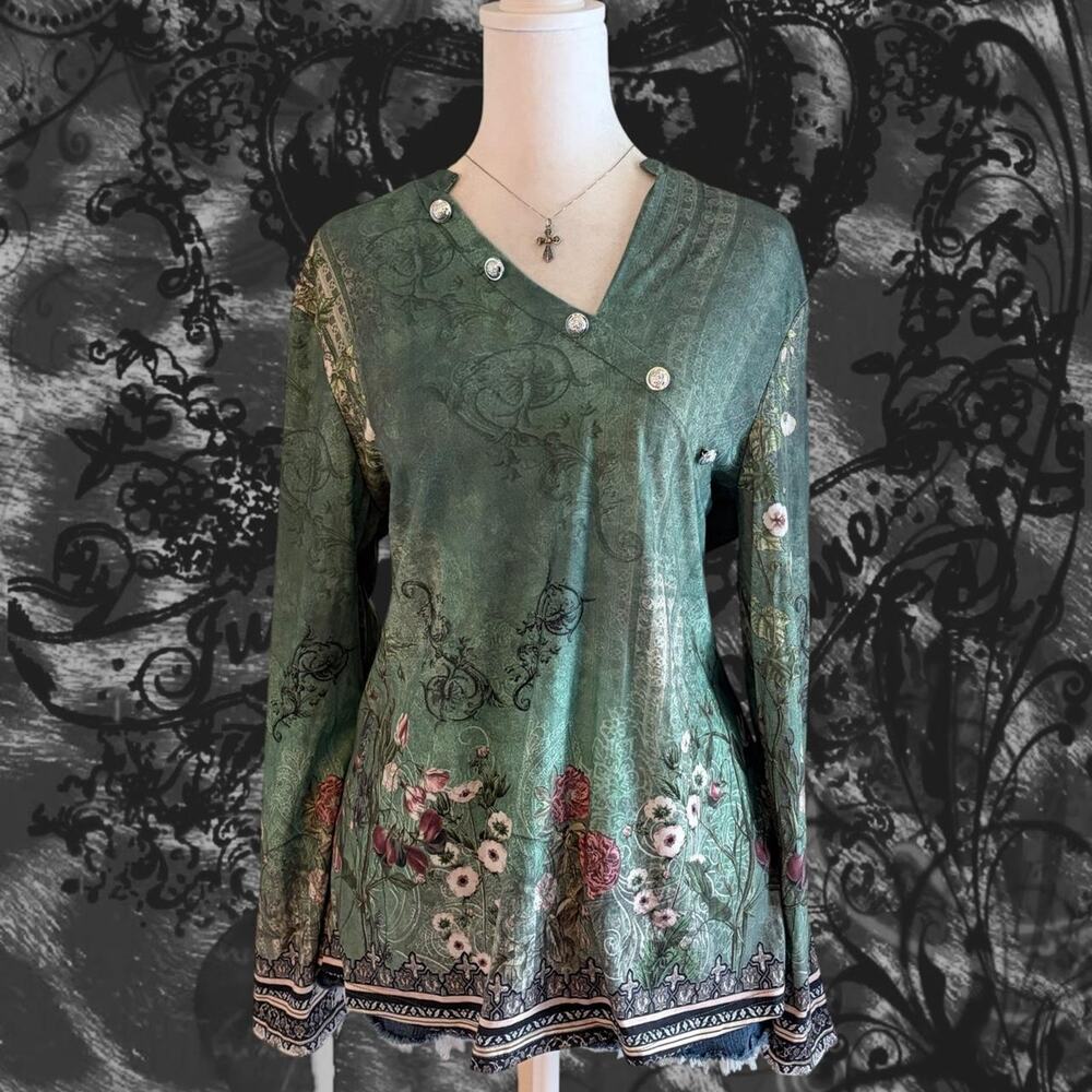 asymmetrical neck fairy green paisley fairy boho grunge top